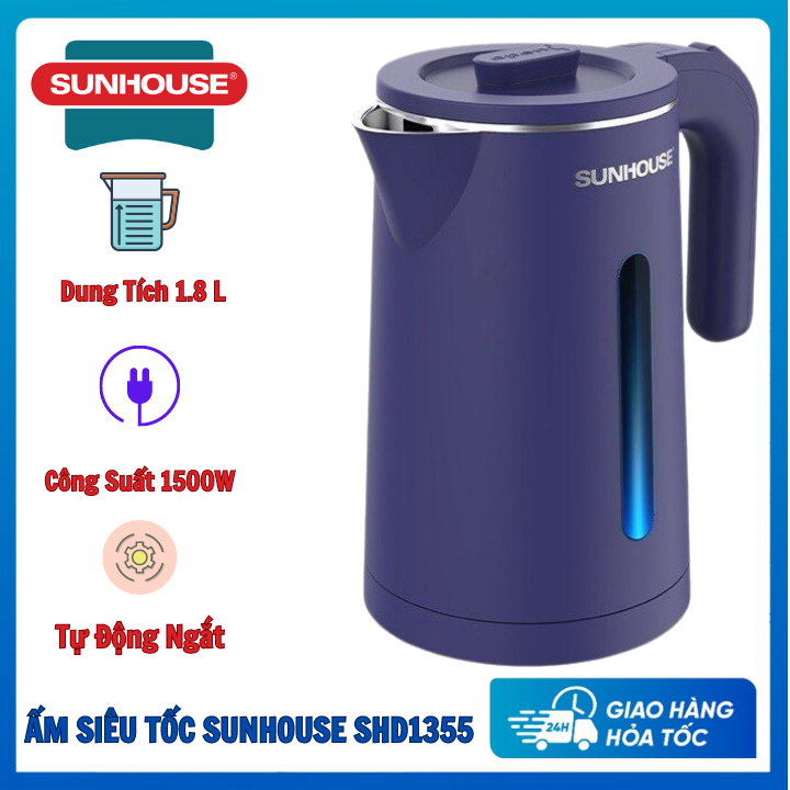 Ấm siêu tốc Inox 2 lớp Sunhouse SHD1351, 1355 Dung tích 1,7 lít, Công suất 1500W, Bảo hành 12 tháng