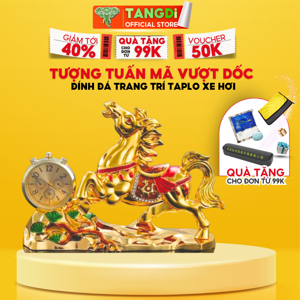 Tượng Tuấn Mã vượt dốc đính đá TANGDi để trang trí taplo oto có đồng hồ Mã T05