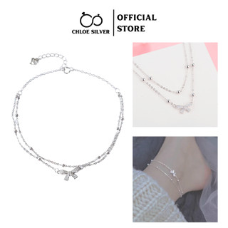 Lắc chân bạc nữ S925 CHLOE SILVER sợi bi kép 2 tầng mặt nơ đính đá phong cách Hàn Quốc sang chảnh, tiểu thư-LC05