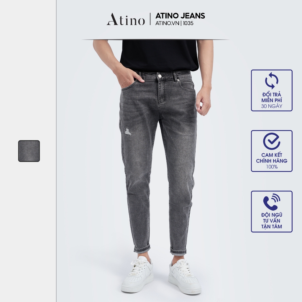Quần Jean Nam Đen Rách ATINO Chất Liệu Jean Pha Spandex Form Slim-Fit QJ1.1035