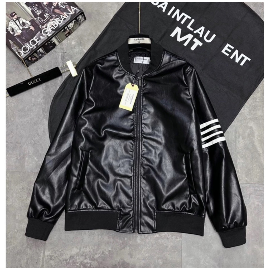 Áo khoác da bomber jacket GC nam nữ trơn bóng phối bo chun sọc xanh đỏ khoá zip kéo kiểu dáng basic AK52P