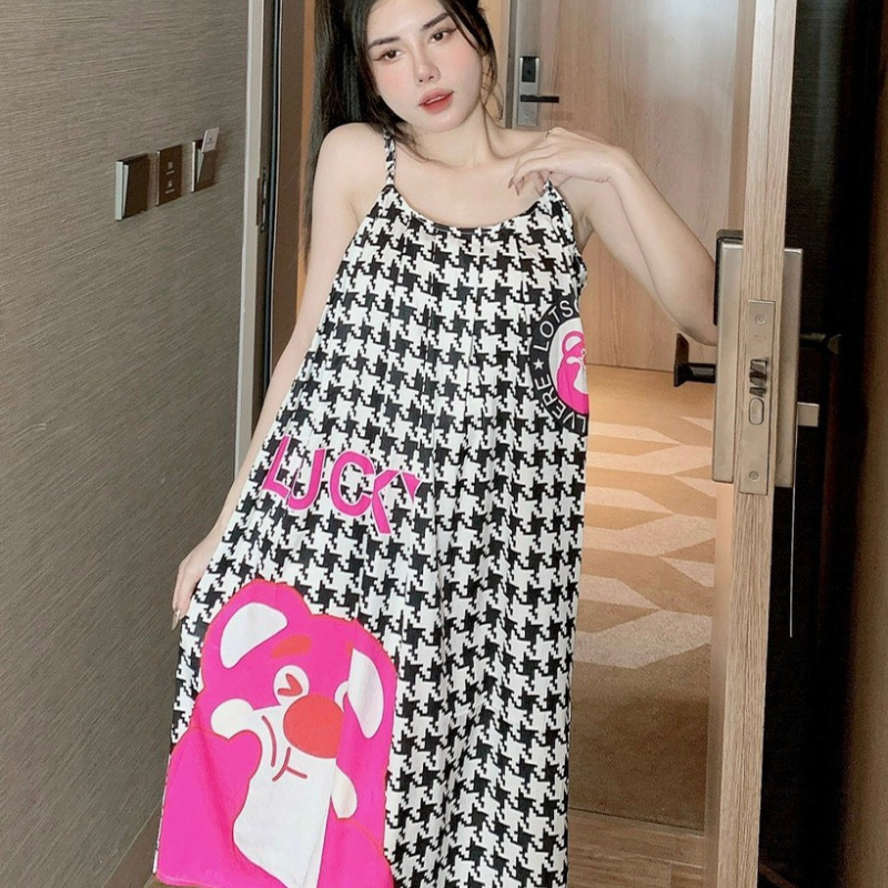Đầm ngủ váy 2 dây mặc nhà thiết kế dễ thương chất lụa xước mềm nhẹ mát JUNATO