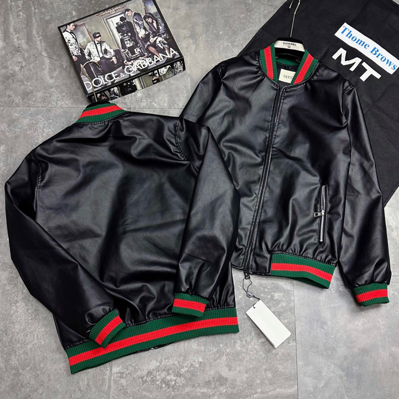 Áo khoác da bomber jacket GC nam nữ trơn bóng phối bo chun sọc xanh đỏ khoá zip kéo kiểu dáng basic AK52P
