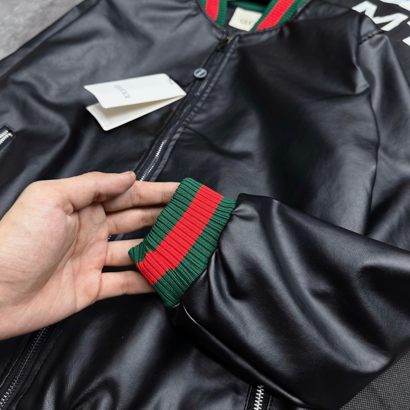 Áo khoác da bomber jacket GC nam nữ trơn bóng phối bo chun sọc xanh đỏ khoá zip kéo kiểu dáng basic AK52P