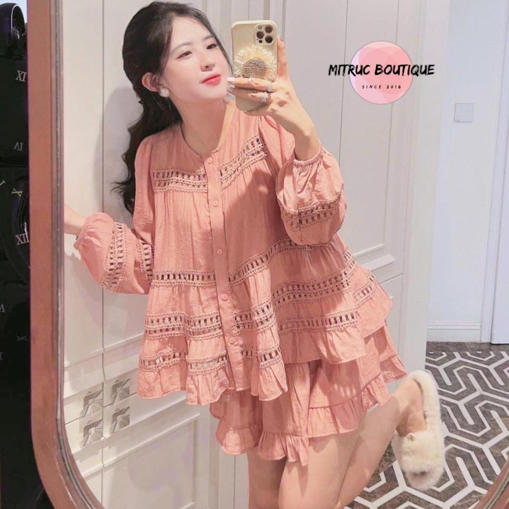 S159 Set babydoll chất lennin cổ tròn phối ren + chân váy xoè