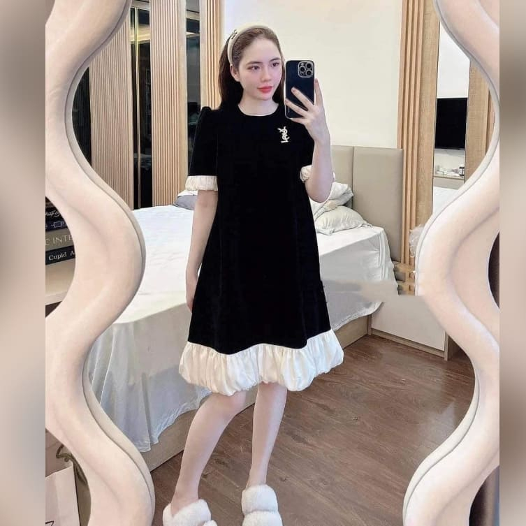 Đầm Bầu Váy Bầu Đi Tiệc Chất Nhung Lì Sang Chảnh Viền Voan Bồng Bềnh Xinh Xắn Dễ Thương Dáng Suông HD2520 Honey Mommy