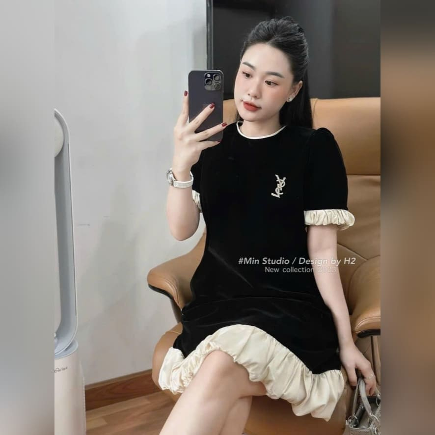 Đầm Bầu Váy Bầu Đi Tiệc Chất Nhung Lì Sang Chảnh Viền Voan Bồng Bềnh Xinh Xắn Dễ Thương Dáng Suông HD2520 Honey Mommy