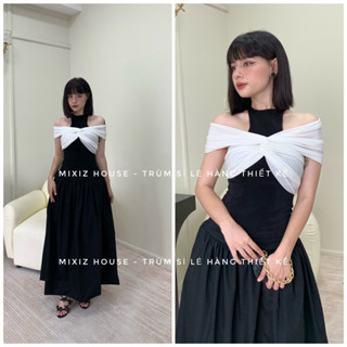 [ CÓ BIGSIZE ] Set áo phối trắng đen kèm chân váy đen dài Mixiz House