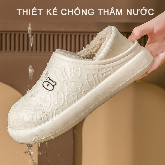Dép đi trong nhà cotton lông cừu thiết kế hình gấu, hống nước ấm áp mùa đông