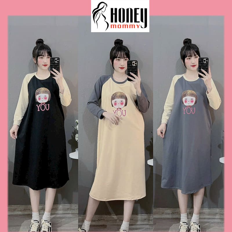 Đầm Bầu Váy Bầu Thu Đông Dáng Suông Dài Tay Trẻ Trung Dễ Thương Chất Liệu Thun Da Cá Dày Dặn Ấm Áp HD4841 Honey Mommy