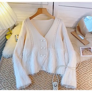 Áo khoác len phối lông vintage áo len vặn thừng màu trăng kem siêu xinh