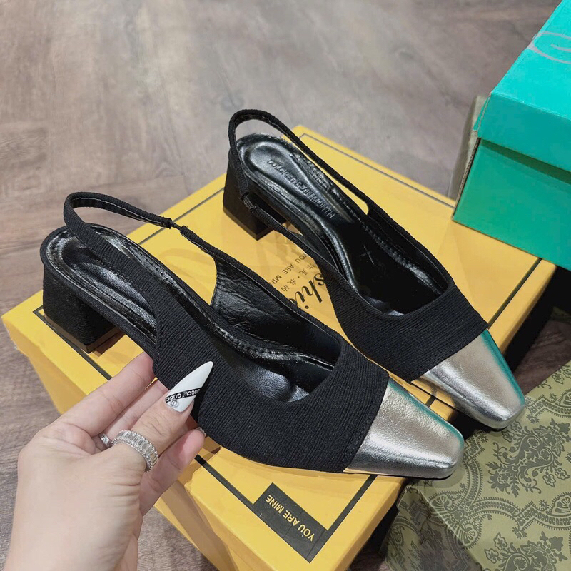 Giày cao gót phối màu, giày hở gót quai hậu, giày gót vuông 5cm mã EC279