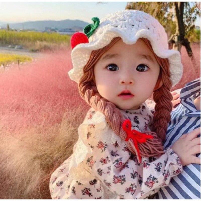 👒 nón len móc tay  tóc giả xinh xắn cho bé gái