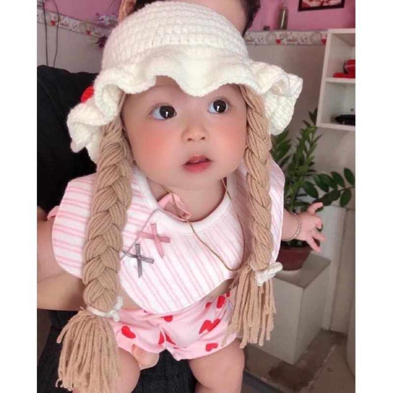 👒 nón len móc tay  tóc giả xinh xắn cho bé gái