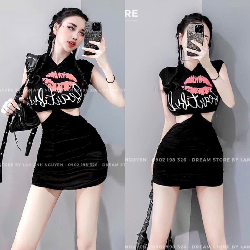 Đầm Body Sát Nách In Môi Đỏ Chữ Dáng Ngắn Chất Borip