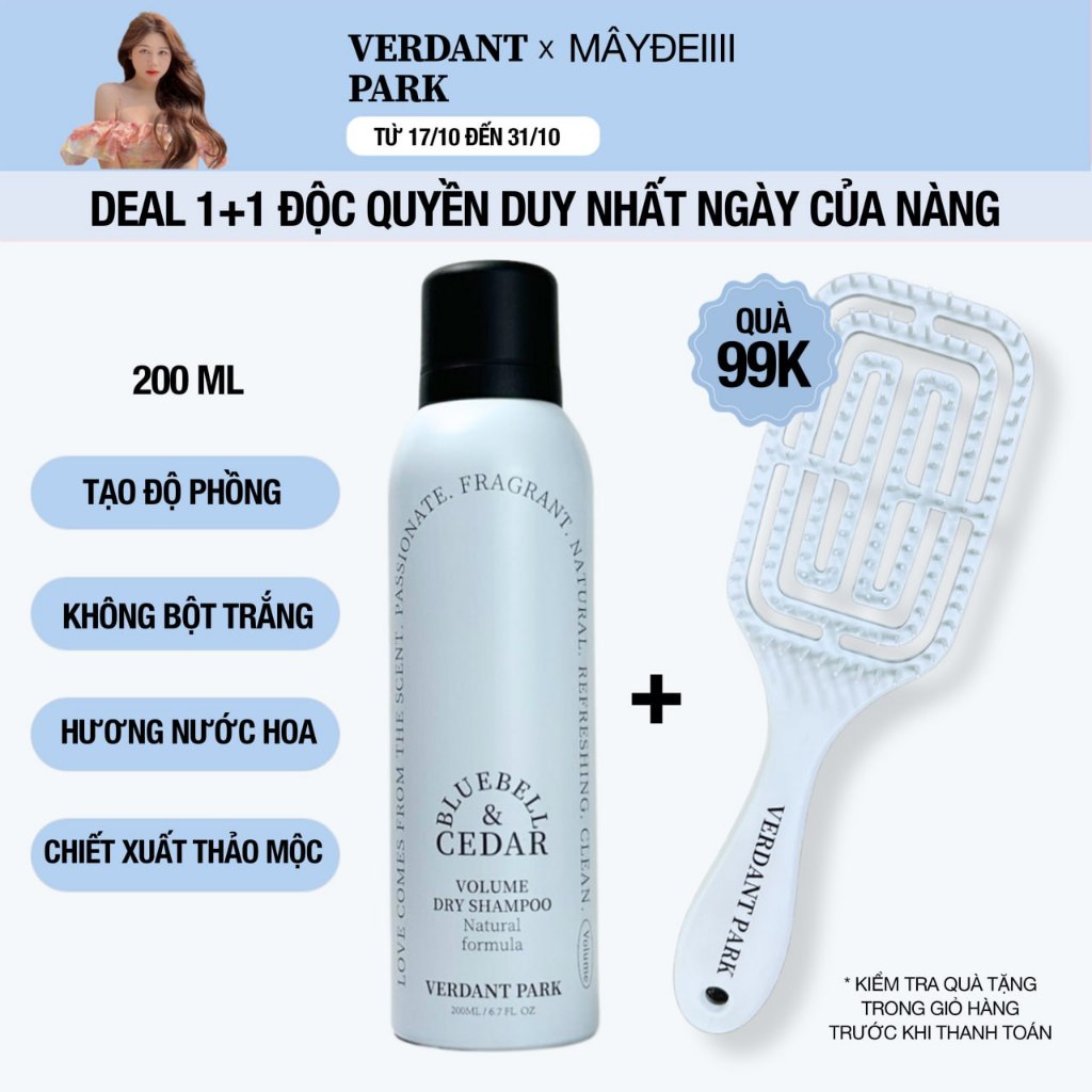 Xịt khô phồng tóc VERDANT PARK dầu gội khô kiềm dầu lâu bết mùi hoa chuông xanh Bluebell & Cedar.