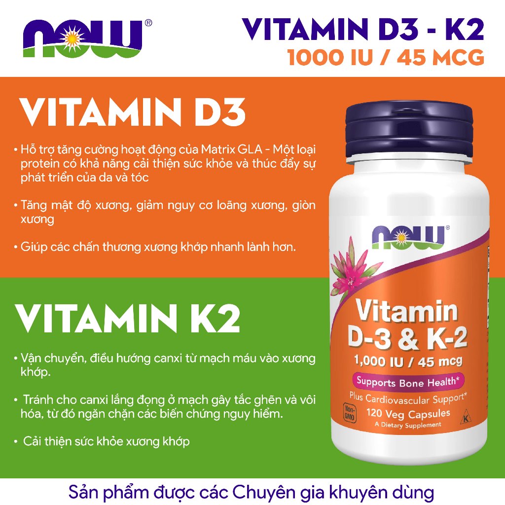 [QUÀ TẶNG] Vitamin D3 K2 Now 1000IU 45mcg hỗ trợ xương chắc khỏe, cải thiện sức mạnh cơ bắp của Mỹ 120 viên