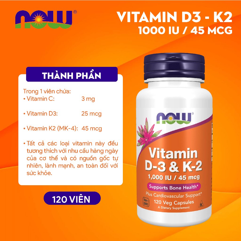 [QUÀ TẶNG] Vitamin D3 K2 Now 1000IU 45mcg hỗ trợ xương chắc khỏe, cải thiện sức mạnh cơ bắp của Mỹ 120 viên