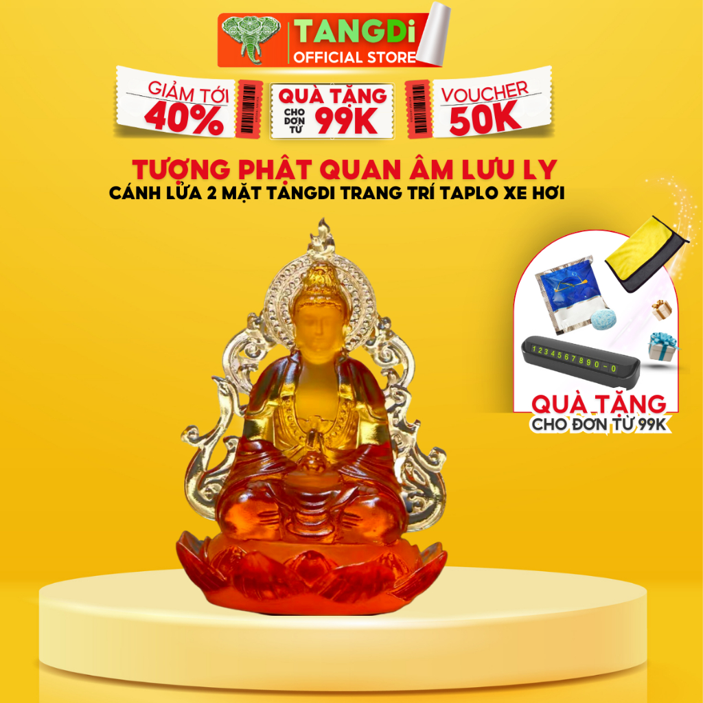 Tượng Phật Quan Âm lưu ly cánh lửa 2 mặt TANGDi trang trí taplo xe hơi, Mã T01