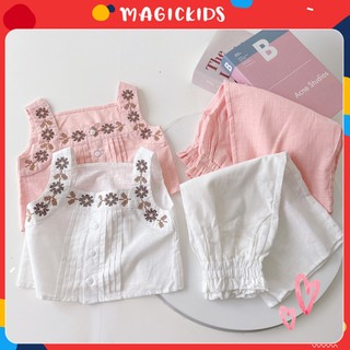 Quần áo trẻ em bộ đồ 2 dây bé gái thêu hoa cho bé từ 9 đến 30kg Magickids chất thô đũi phong cách vintage BR23016