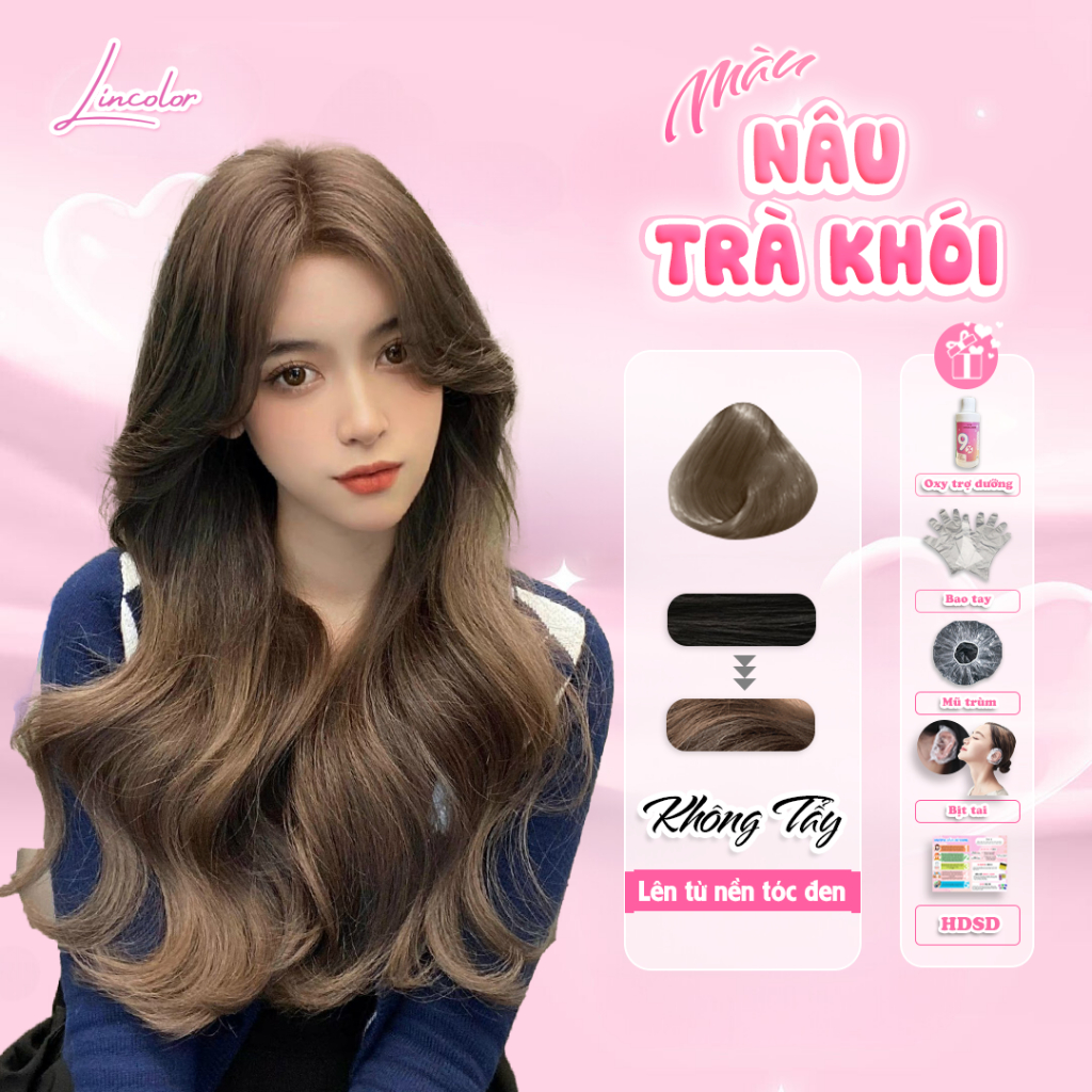Thuốc nhuộm tóc, thuốc nhuộm tóc NÂU TRÀ KHÓI không tẩy, LIN_COLOR, tặng kèm oxy trợ nhuộm và bao tay,trùm đầu, bịt tai