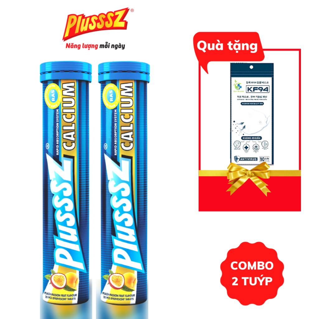 {COMBO2TUYP} Viên sủi bổ sung canxi Plusssz Calcium vị Đào, chanh leo không đường tặng kèm 01 gói 10cái khẩu trang KF94