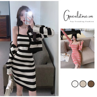 Gaeul store- set đầm váy len 2 dây sọc ngang kèm khoác lửng