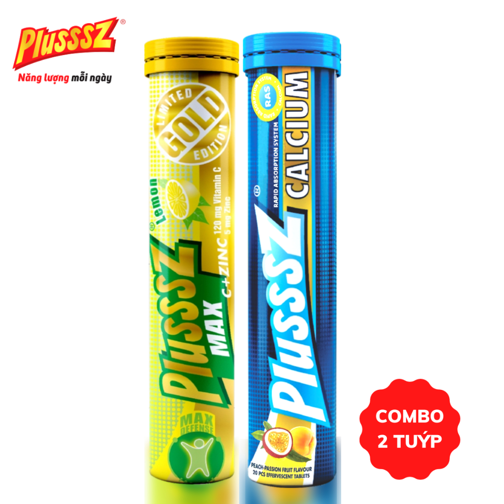 {COMBO 2 TUÝP} Viên sủi bổ sung vitaminC tăng đề kháng Plusssz Max Vitamin C & ZinC(Kẽm) + Plusssz Calcium bổ sung canxi