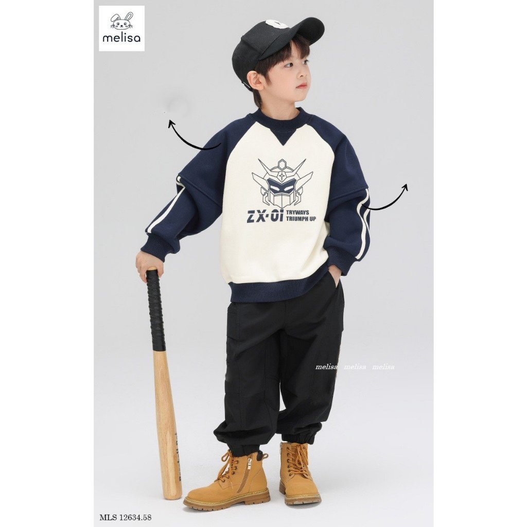 Bộ nỉ Melisa áo da cá in hình & quần kaki túi hộp cho bé trai