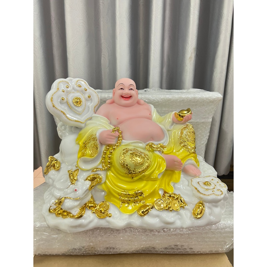 Tượng Phật Di Lặc ngồi gậy như ý 16 inch cao 27cm ngang 37cm sâu 25cm