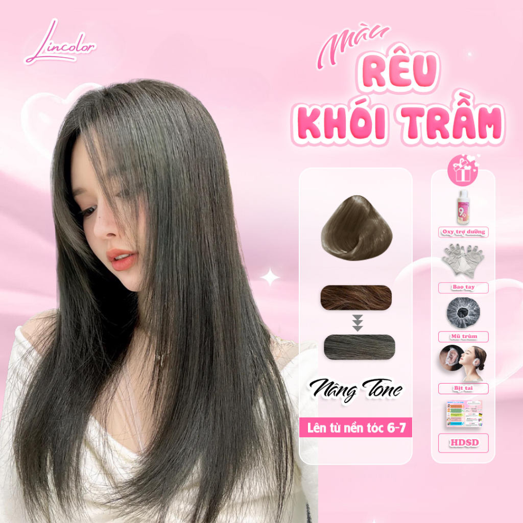 Thuốc nhuộm tóc, thuốc nhuộm tóc màu RÊU KHÓI TRẦM, LIN_COLOR, tặng kèm oxy trợ nhuộm và bao tay,trùm đầu, bịt tai