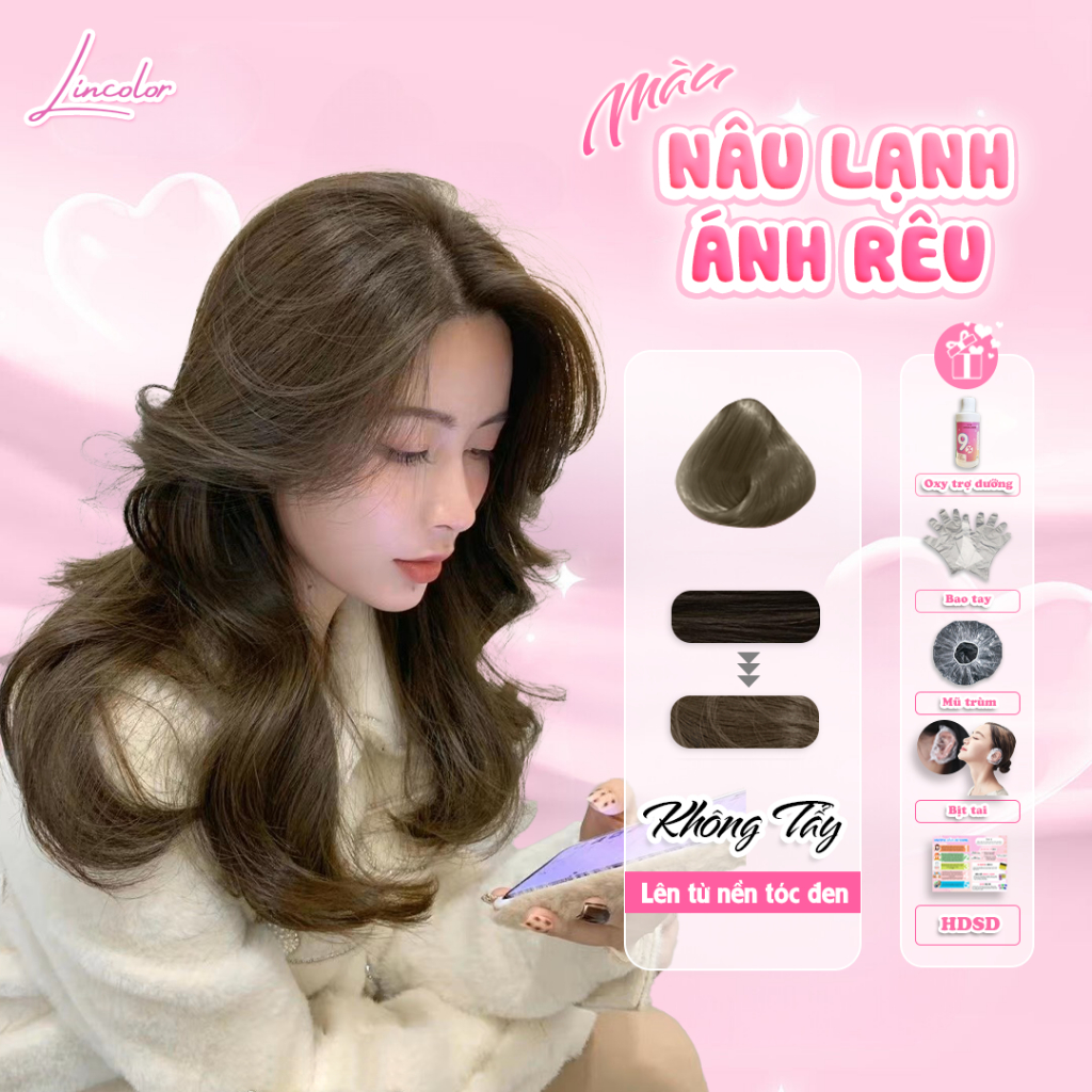 Thuốc nhuộm tóc, thuốc nhuộm tóc màu NÂU LẠNH ÁNH RÊU, LIN_COLOR, tặng kèm oxy trợ nhuộm và bao tay,trùm đầu, bịt tai