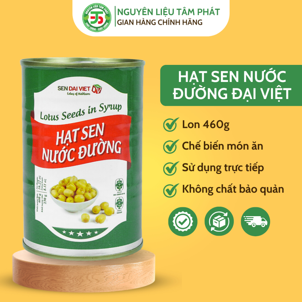 Hạt sen nước đường Đại Việt dạng lon 460gr tiện lợi, có thể ăn ngay hoặc chế biến món ăn, an toàn vệ sinh thực phẩm