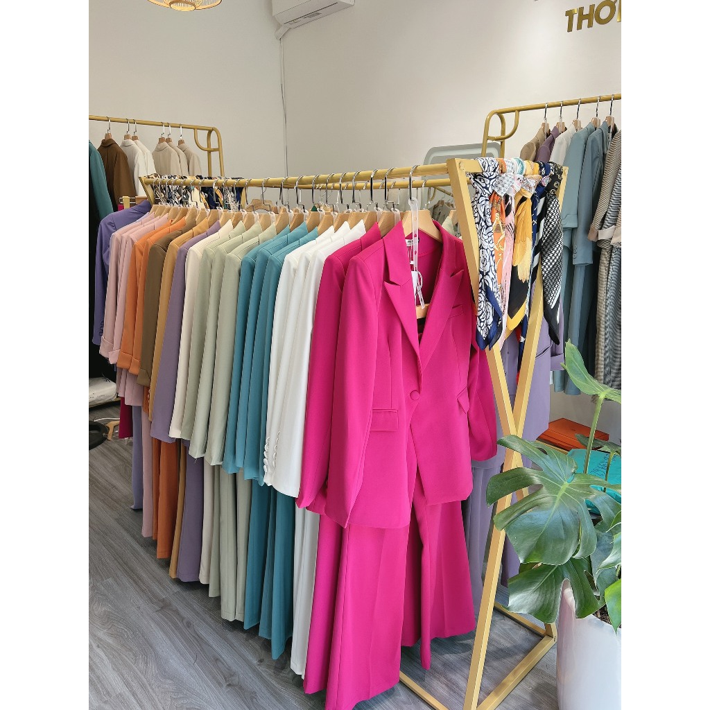 Bộ vest nữ cao cấp, áo blazer chiết eo dài tay hai lớp +quần suông