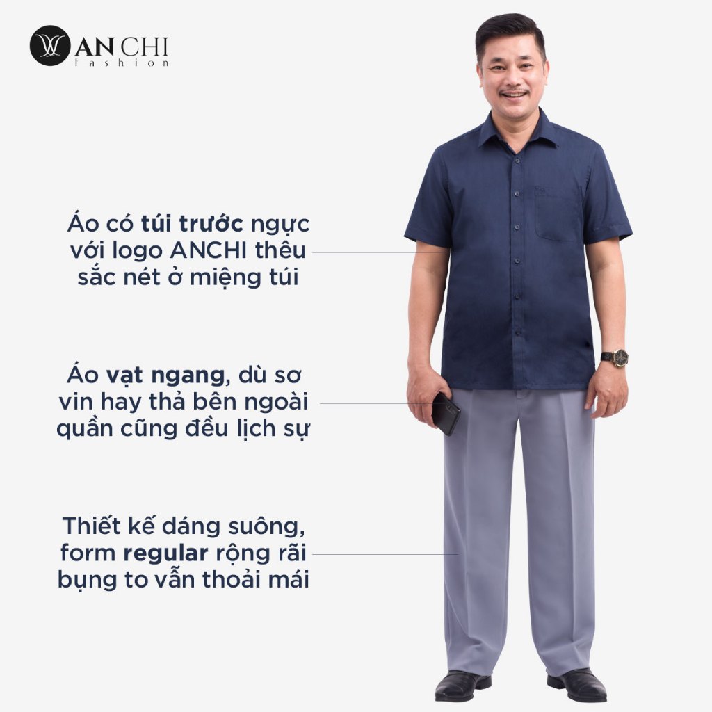 Áo Sơ Mi Nam Ngắn Tay Trung Niên ANCHI Màu Xanh Than Trơn Vải Sợi Tre Cao Cấp