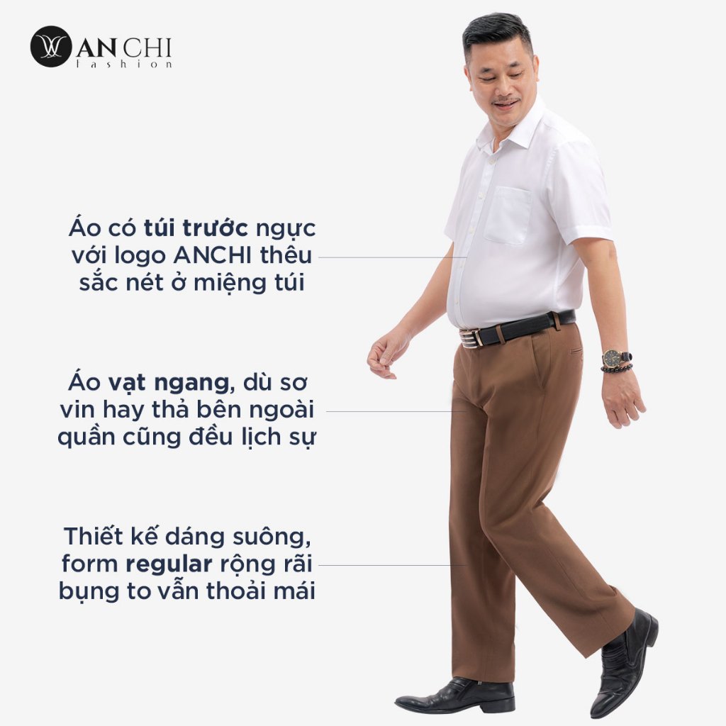 Áo sơ mi nam trung niên ngắn tay ANCHI trắng công sở vải sợi tre cao cấp - SMC02