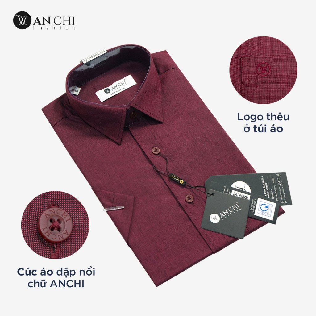 Áo Sơ Mi Nam Ngắn Tay Trung Niên ANCHI Màu Đỏ Trơn Vải Sợi Tre Cao Cấp