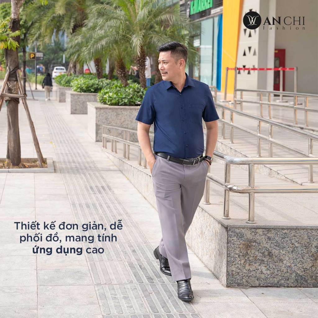 Áo Sơ Mi Nam Ngắn Tay Trung Niên ANCHI Màu Xanh Than Trơn Vải Sợi Tre Cao Cấp