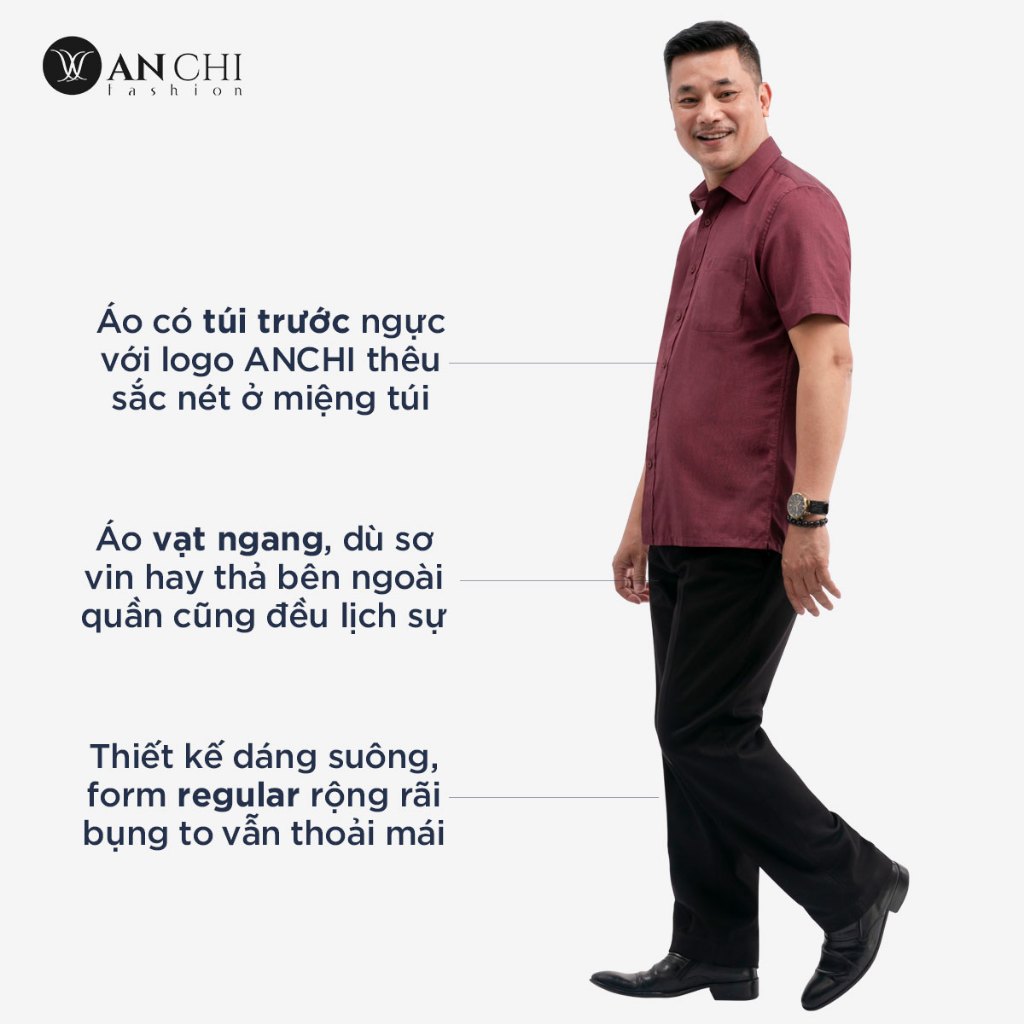 Áo Sơ Mi Nam Ngắn Tay Trung Niên ANCHI Màu Đỏ Trơn Vải Sợi Tre Cao Cấp