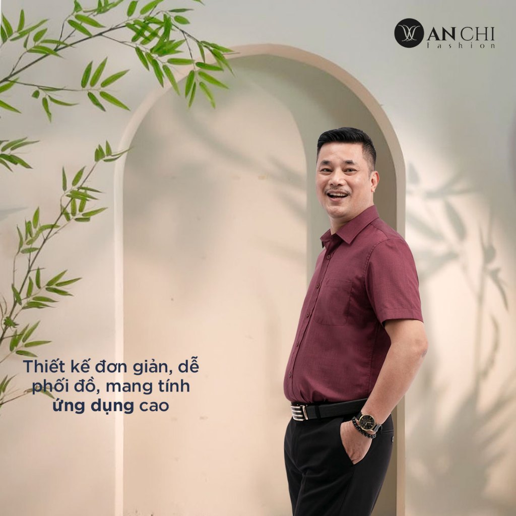 Áo Sơ Mi Nam Ngắn Tay Trung Niên ANCHI Màu Đỏ Trơn Vải Sợi Tre Cao Cấp