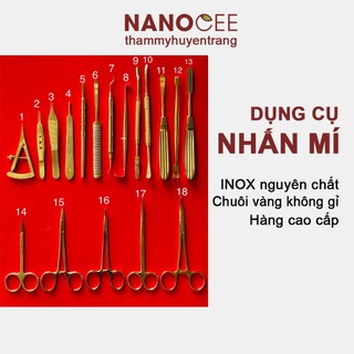 Dụng cụ bấm mí nhấn mi cắt mý: compa đo mắt, kìm kẹp kim, kéo cắt chỉ chuôi vàng ...