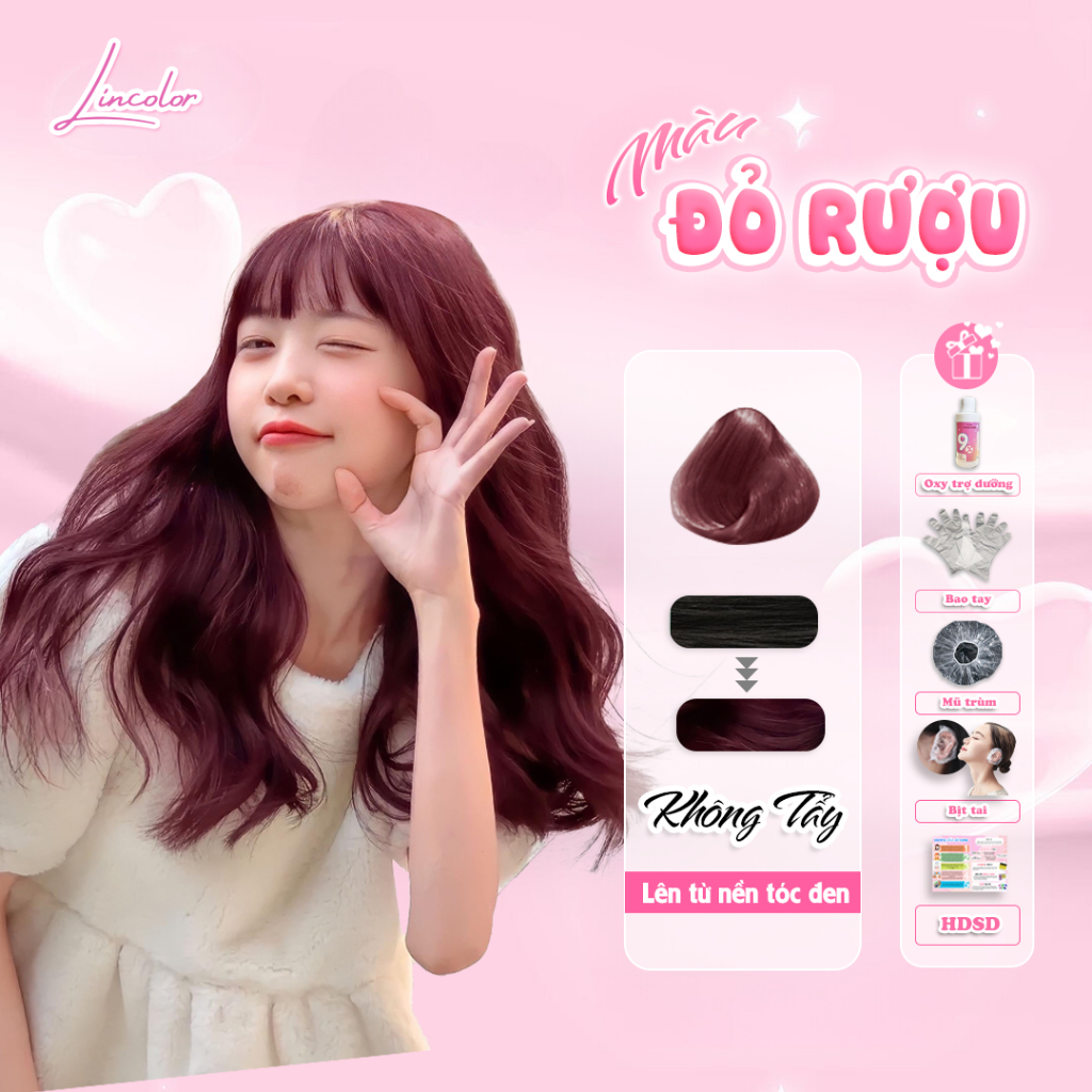 Thuốc nhuộm tóc, thuốc nhuộm tóc màu ĐỎ RƯỢU cần tẩy, LIN_COLOR, tặng kèm oxy trợ nhuộm và bao tay,trùm đầu, bịt tai