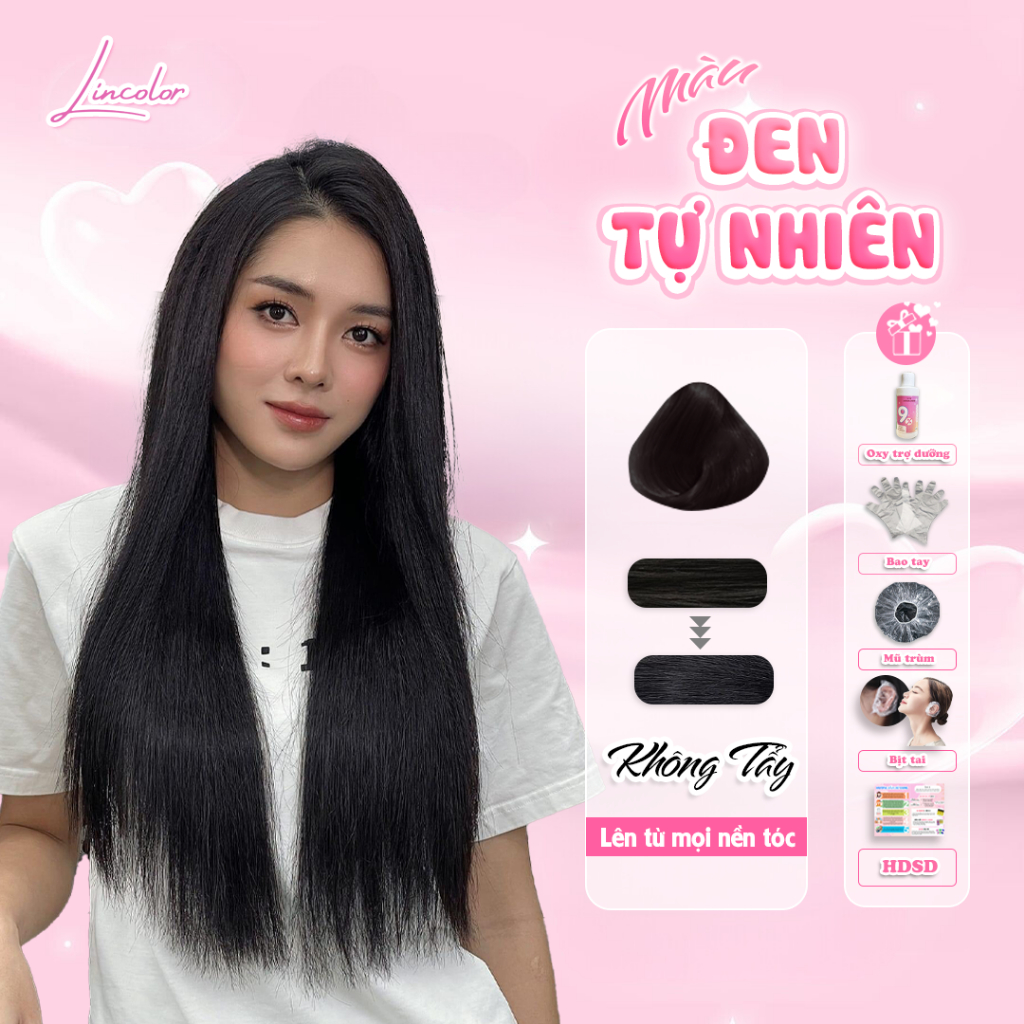 Thuốc nhuộm tóc, thuốc nhuộm tóc màu ĐEN TỰ NHIÊN, LIN_COLOR, tặng kèm oxy trợ nhuộm và bao tay,trùm đầu, bịt tai