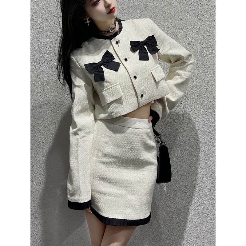 Set dạ tweed - Áo khoác dạ cài nơ mix với chân váy chữ A chất dạ Quảng Châu loại 1 phong cách tiểu thư gin62.store