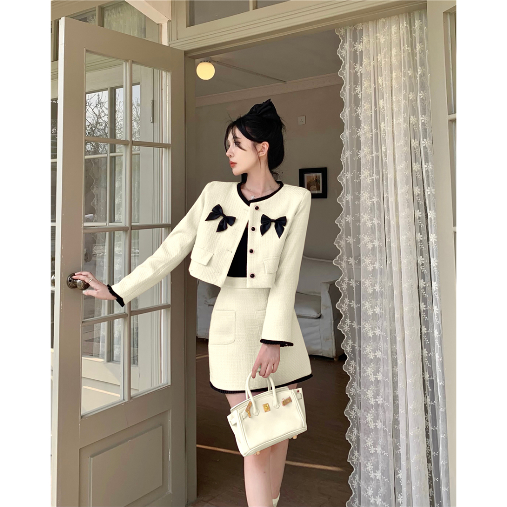 Set dạ tweed - Áo khoác dạ cài nơ mix với chân váy chữ A chất dạ Quảng Châu loại 1 phong cách tiểu thư gin62.store