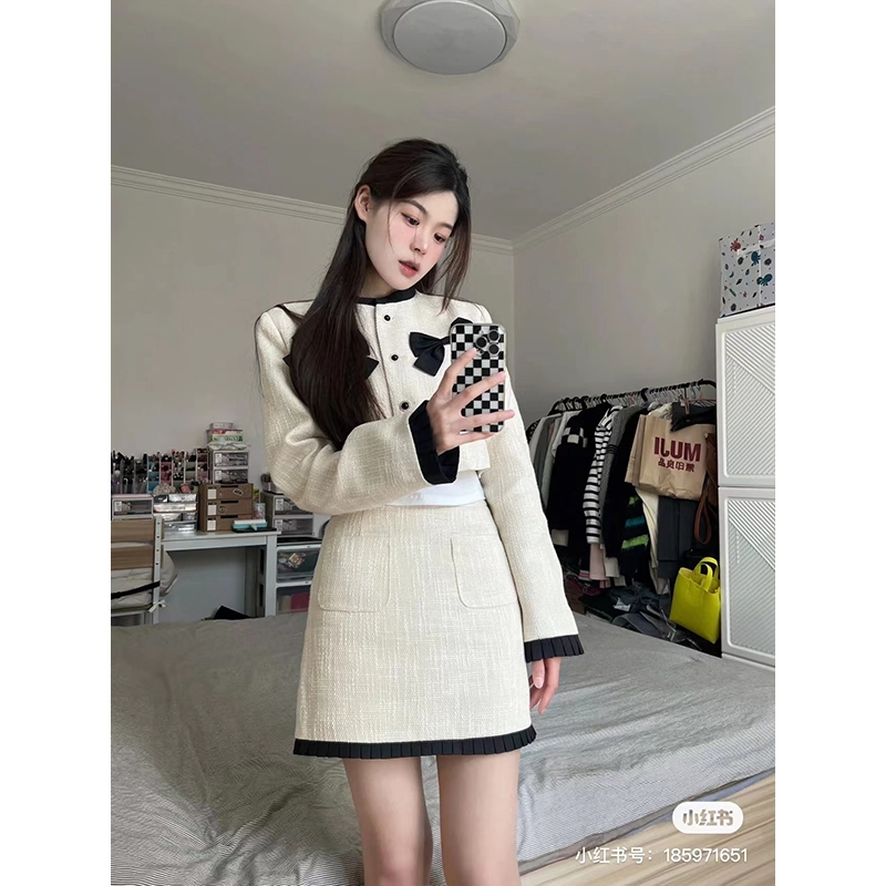 Set dạ tweed - Áo khoác dạ cài nơ mix với chân váy chữ A chất dạ Quảng Châu loại 1 phong cách tiểu thư gin62.store