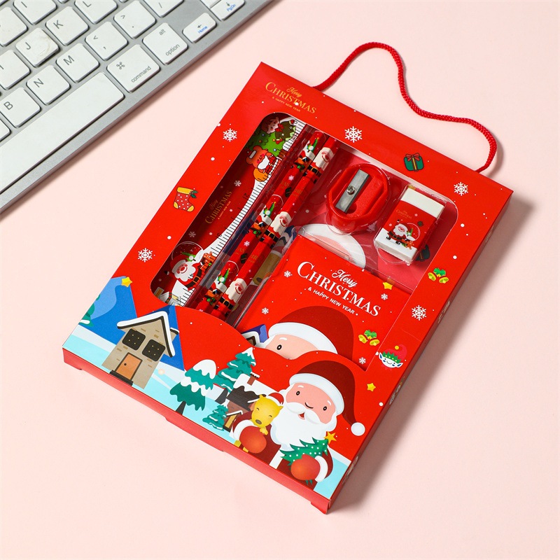 Set Hộp Quà 6 Món Quà Tặng Văn Phòng Phẩm Giáng Sinh Noel Có Quai Xách Cho Bé