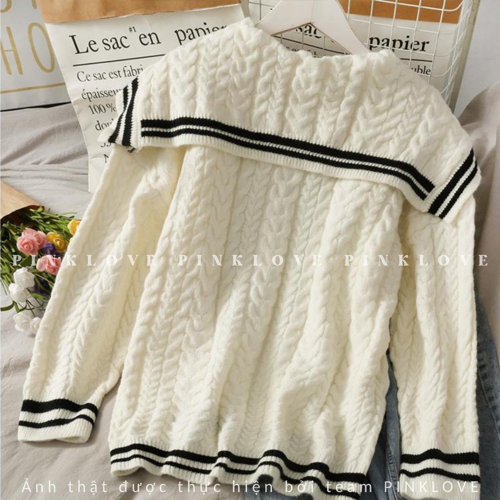 Đồ đôi áo len cặp nam nữ màu trắng kem Thuỷ Thủ đi Đà Lạt PINKLOVE tặng kèm nơ vải len thừng dày đẹp P012