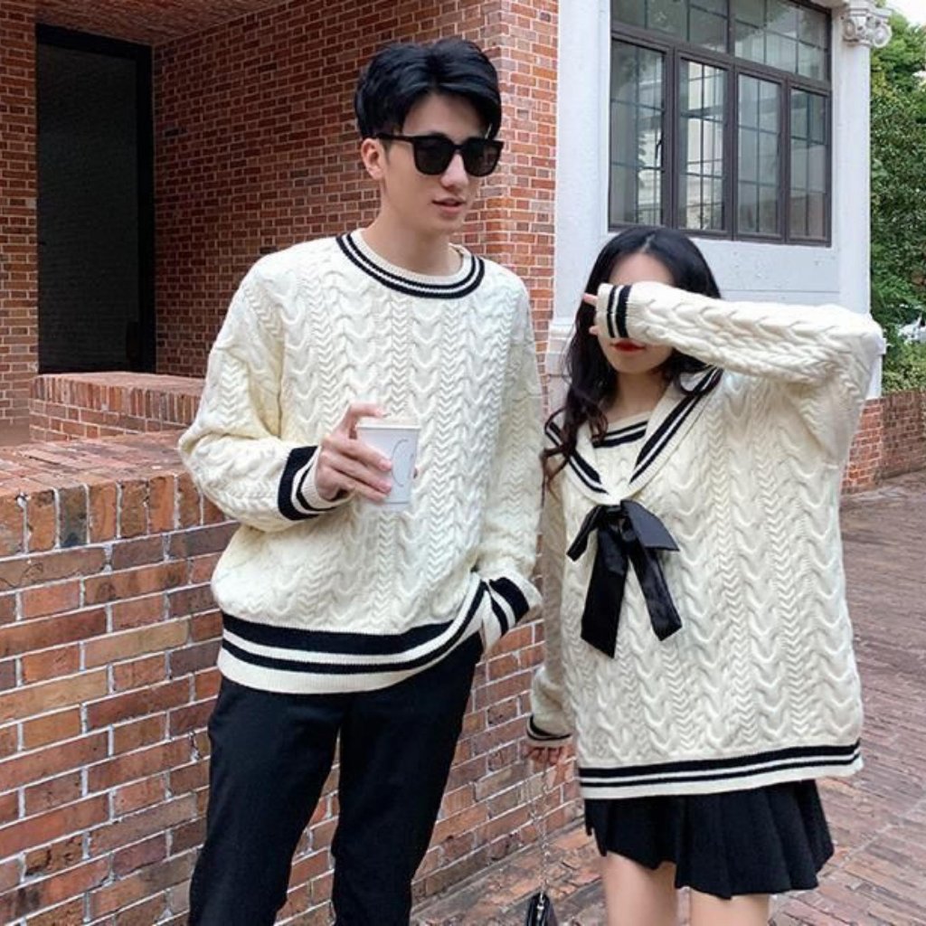 Đồ đôi áo len cặp nam nữ màu trắng kem Thuỷ Thủ đi Đà Lạt PINKLOVE tặng kèm nơ vải len thừng dày đẹp P012