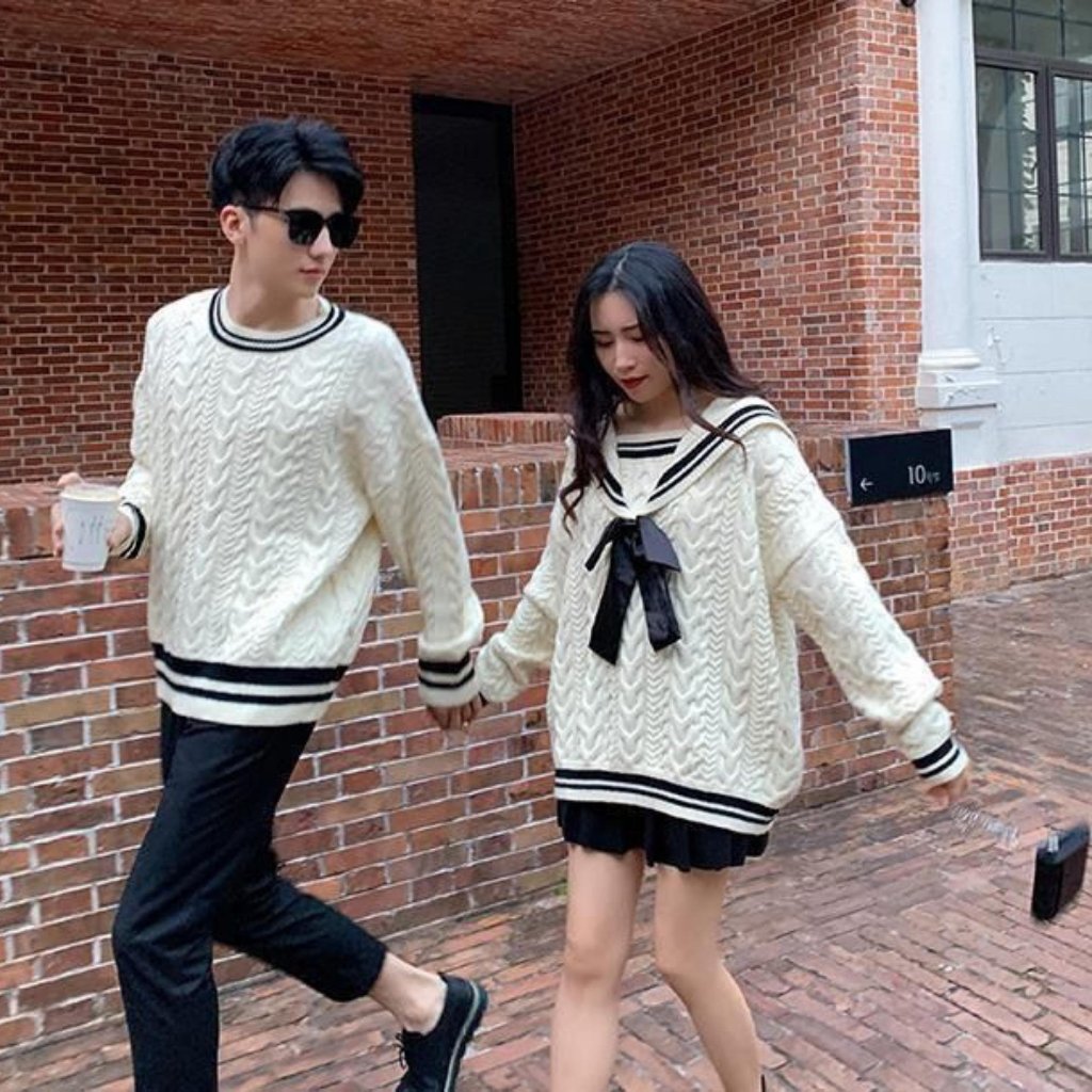 Đồ đôi áo len cặp nam nữ màu trắng kem Thuỷ Thủ đi Đà Lạt PINKLOVE tặng kèm nơ vải len thừng dày đẹp P012
